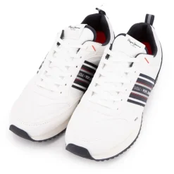 PEPE JEANS Baskets hes à lacets avec bandes bleu touche de rouge marine Homme BLANC Clearance