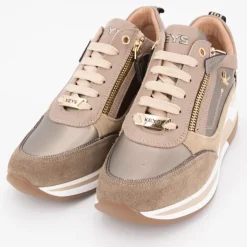 KEYS Baskets compensées à sequins cuir zip dorée avec lacets Femme BEIGE New