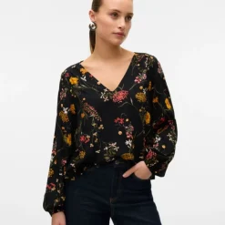 VERO MODA Blouse col V easy joy blackà fleurs Femme NOIR New