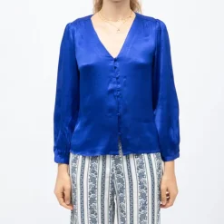 LA PETITE ETOILE Blouse col v effet satin bianca légère Femme BLEU Discount