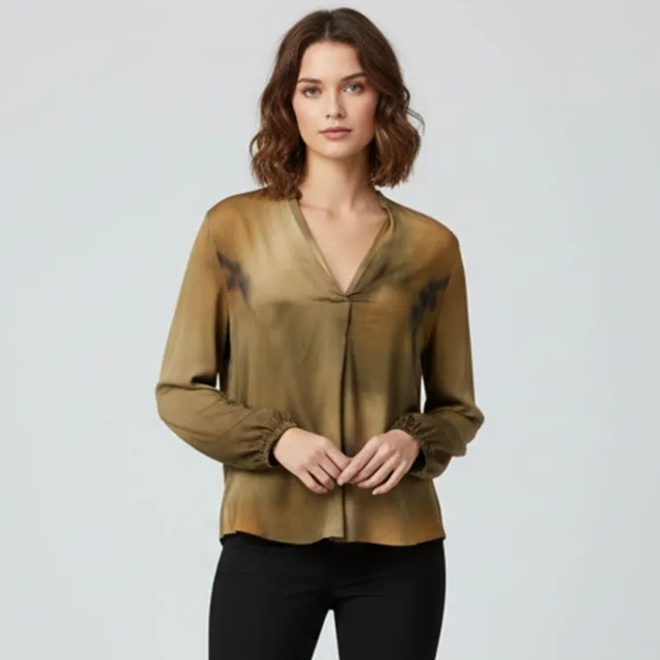 PLEASE Blouse col v imprimé manches longues Femme KAKI Discount