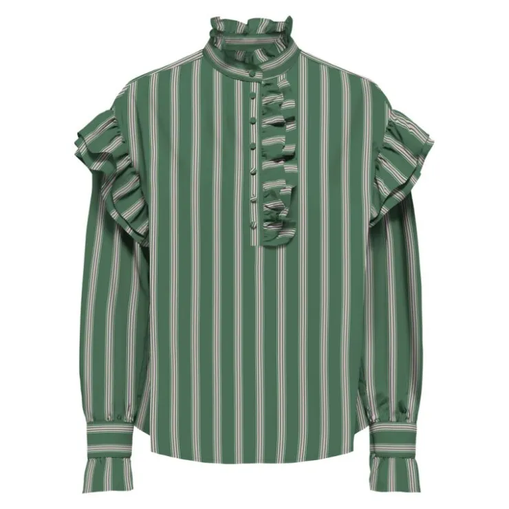 ONLY Blouse malou imprimé à rayures épaules à volants Femme VERT New