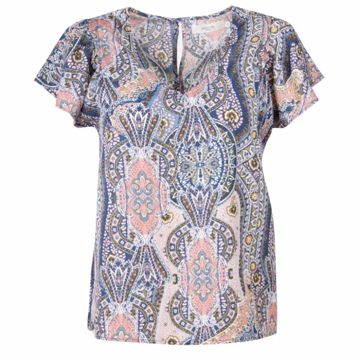 DEELUXE 74 Blouse manches à volants motif cachemire col v Femme BLEU Best