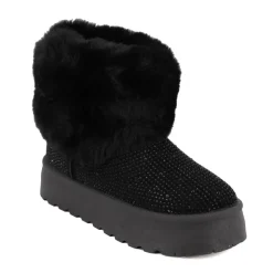 TOM TAILOR Bottines à revers à strass doublure faussure fourrure Femme NOIR New