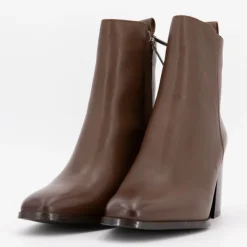 ELWIN Bottines cuir lisse à talons carrés Femme MARRON Clearance
