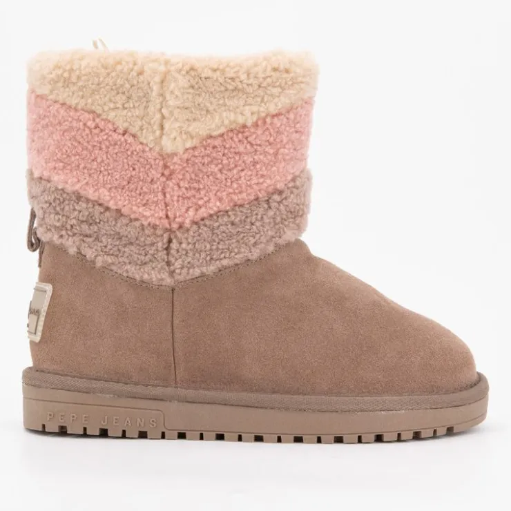 PEPE JEANS Bottines cuir taupe avec effet moutonné coloré Enfant MARRON Discount