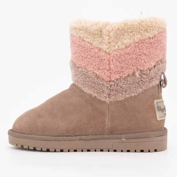 PEPE JEANS Bottines cuir taupe avec effet moutonné coloré Enfant MARRON Discount