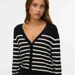 VERO MODA Cardigan à rayures dory col v coeur rouge brodé avec boutons Femme NOIR