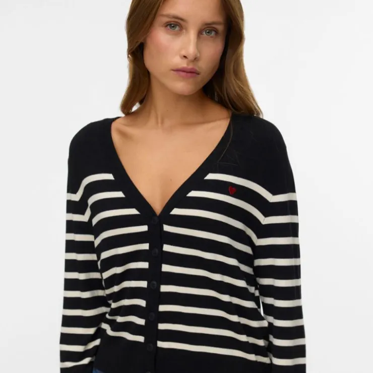 VERO MODA Cardigan à rayures dory col v coeur rouge brodé avec boutons Femme NOIR