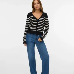 VERO MODA Cardigan à rayures dory col v coeur rouge brodé avec boutons Femme NOIR