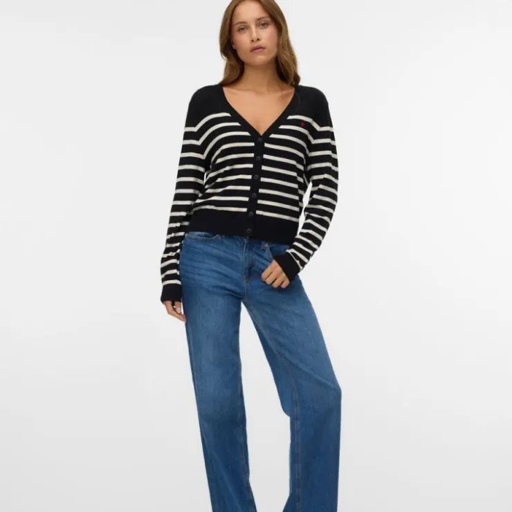 VERO MODA Cardigan à rayures dory col v coeur rouge brodé avec boutons Femme NOIR