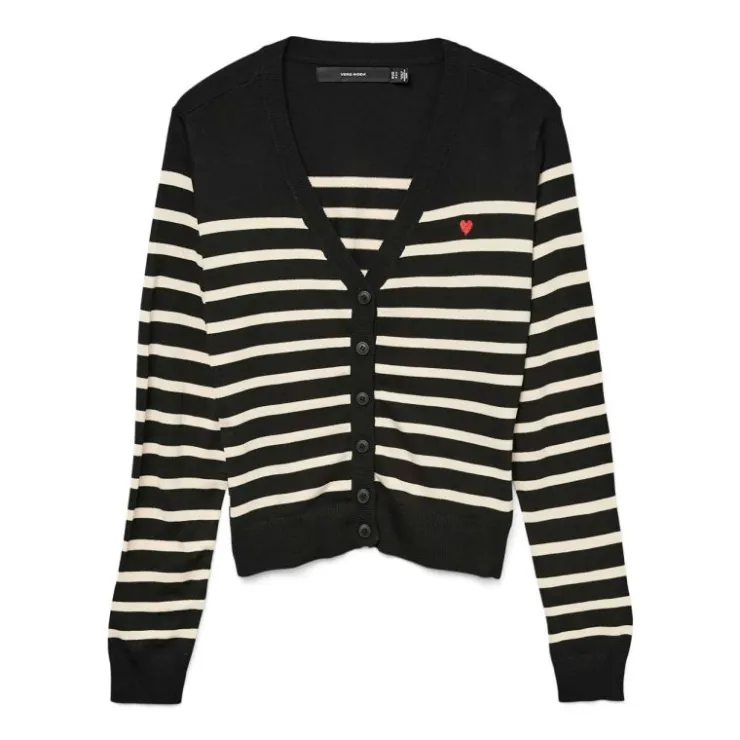 VERO MODA Cardigan à rayures dory col v coeur rouge brodé avec boutons Femme NOIR