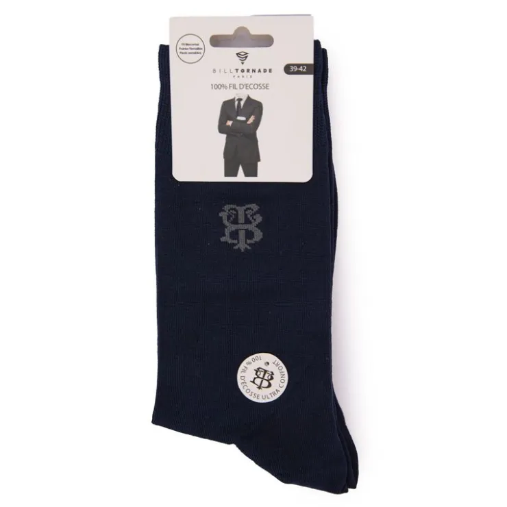 BILL TORNADE Chaussettes fil d'ecosse uni à logo BLEU FONCE Clearance