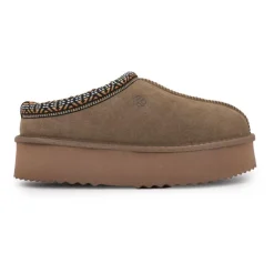 KELARA Chaussons en cuir effet daim fourrés liseré cheville Femme MARRON Hot