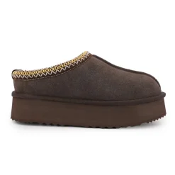 KELARA Chaussons en cuir effet daim fourrés liseré cheville Femme MARRON FONCE New