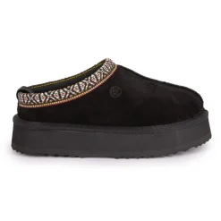 KELARA Chaussons en cuir effet daim fourrés liseré cheville Femme NOIR Discount