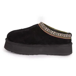 KELARA Chaussons en cuir effet daim fourrés liseré cheville Femme NOIR Discount