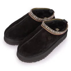 KELARA Chaussons en cuir effet daim fourrés liseré cheville Femme NOIR Discount