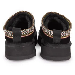 KELARA Chaussons en cuir effet daim fourrés liseré cheville Femme NOIR Discount