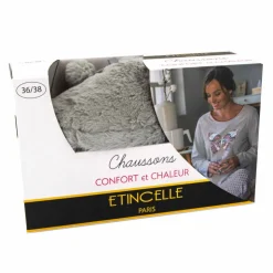 ETINCELLE Chaussons fausse fourrure pompon antidérapant Claire Femme GRIS
