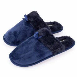 LES PETITES...PARIS Chaussons fausse fourrure noeud Carmeline Femme BLEU FONCE Outlet