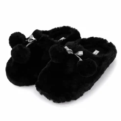 ETINCELLE Chaussons fausse fourrure pompon antidérapant Claire Femme NOIR New