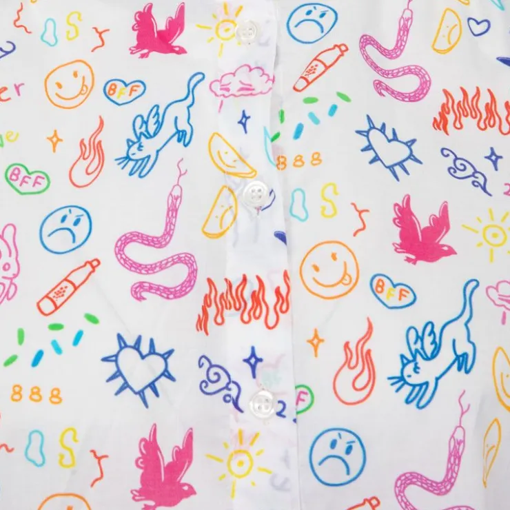 DIXIE Chemise coton multicolor imprimé dessins col mao Femme BLANC Discount