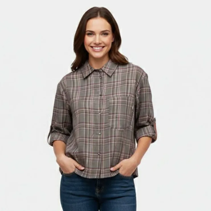 PLEASE Chemise grigio à carreaux asymétrique manches 3/4 Femme GRIS Clearance