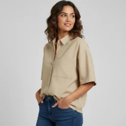 PIECES Chemise manches courtes uni Femme BEIGE