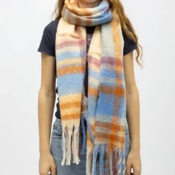 GERARD PASQUIER Echarpe à carreaux avec franges en laine 40x210 cm Femme BLEU Discount