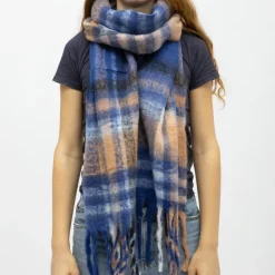 GERARD PASQUIER Echarpe à franges carreaux douce avec laine 40x210 cm Femme BLEU FONCE Sale