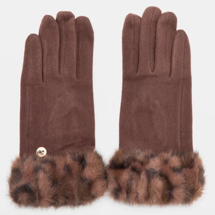 GERARD PASQUIER Gants tissu épais avec fausse fourrure imprimé léopard Femme MARRON FONCE Discount