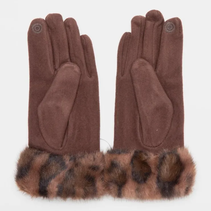 GERARD PASQUIER Gants tissu épais avec fausse fourrure imprimé léopard Femme MARRON FONCE Discount