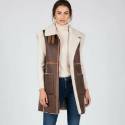 OAKWOOD Gilet sans manche zippé effet mouton similicuir Femme MARRON New