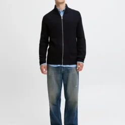 JACK & JONES Gilet zippé en maille tricoté avec col cheminée Homme BLEU FONCE Best