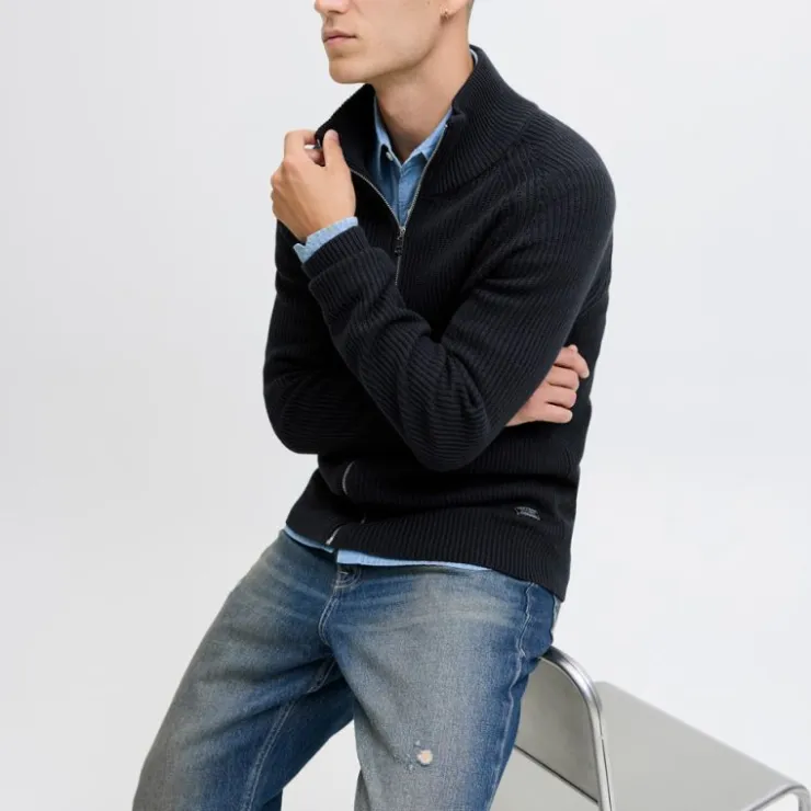 JACK & JONES Gilet zippé en maille tricoté avec col cheminée Homme BLEU FONCE Best