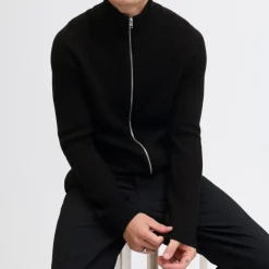 JACK & JONES Gilet zippé en maille tricoté avec col cheminée Homme NOIR Best