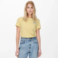 ONLY Haut col rond broderie cœur irisée Femme JAUNE Sale