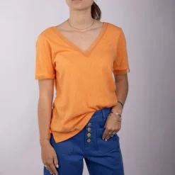 DEELUXE 74 Haut corail manches courtes Col V devant et au dos Femme ORANGE CLAIR New