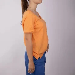 DEELUXE 74 Haut corail manches courtes Col V devant et au dos Femme ORANGE CLAIR New