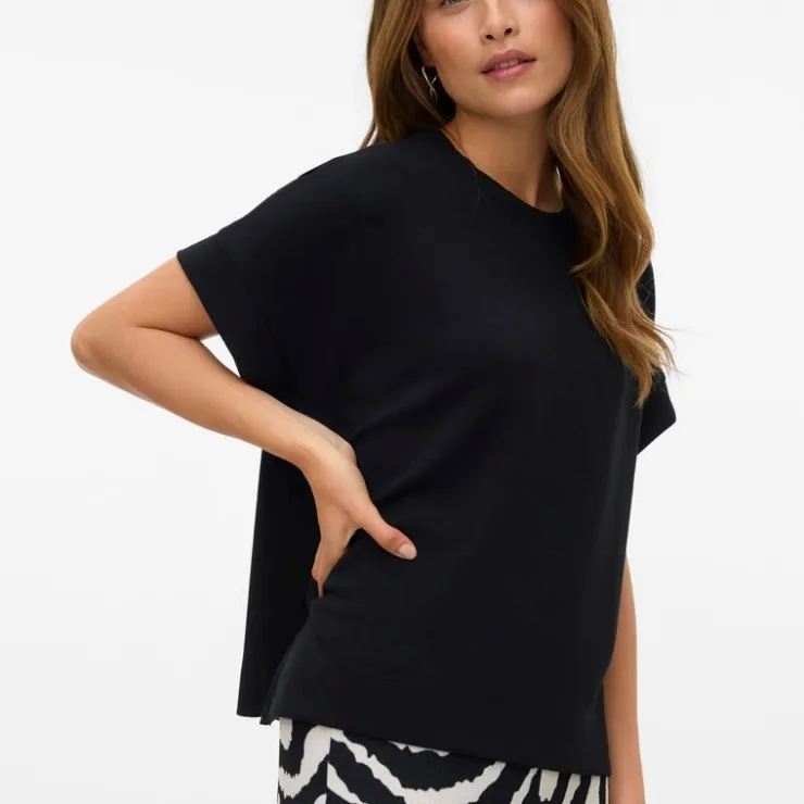 VERO MODA Haut Hali fluide col rond manches courtes Femme NOIR Discount