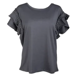 DEELUXE 74 Haut manches courtes à volants kaki Femme GRIS FONCE Outlet