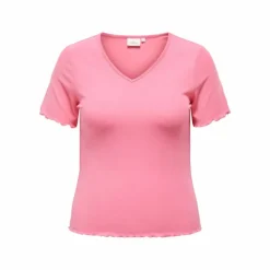 ONLY CARMAKOMA Haut manches courtes col v ourlets ondulés uni Femme ROSE Sale