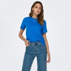 JDY Haut manches courtes Pisa col rond 100% coton cloud dancer Femme BLEU Clearance