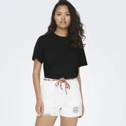 JDY Haut manches courtes Pisa col rond 100% coton cloud dancer Femme NOIR Outlet