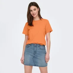 JDY Haut manches courtes Pisa col rond 100% coton cloud dancer Femme ORANGE New