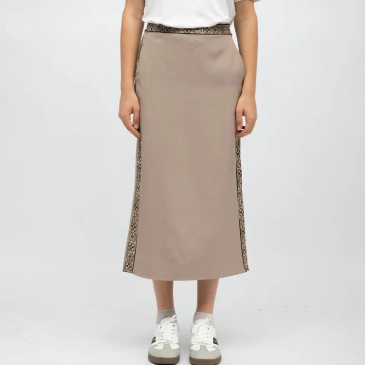 HOLLY AND JOEY Jupe dasy mi longue bandes graphiques avec fente Femme BEIGE Hot