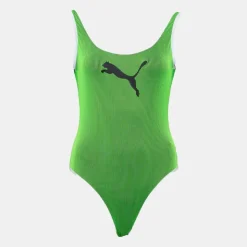 PUMA Maillot de bain une pièce à rayures fluo logo noir Femme VERT New