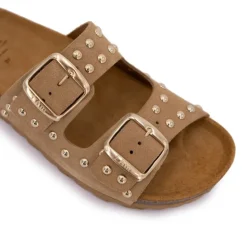 I AM Mules à clous doubles brides en cuir Femme BEIGE