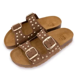 I AM Mules à clous doubles brides en cuir Femme MARRON Outlet